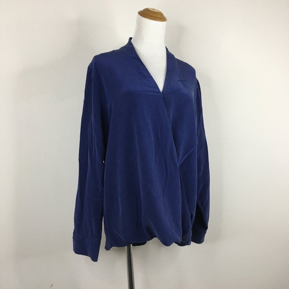 SOFT SURROUNDINGS Long Sleeve Blue High Low Bubble Hem V Neck Blouse Shirt